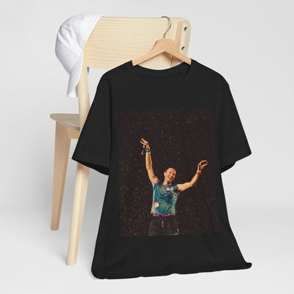 A black graphic t-shirt featuring a graphic related to Coldplay's song 'Fix You'.