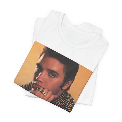 A black graphic t-shirt featuring an aesthetic photo portrait of Elvis Presley.