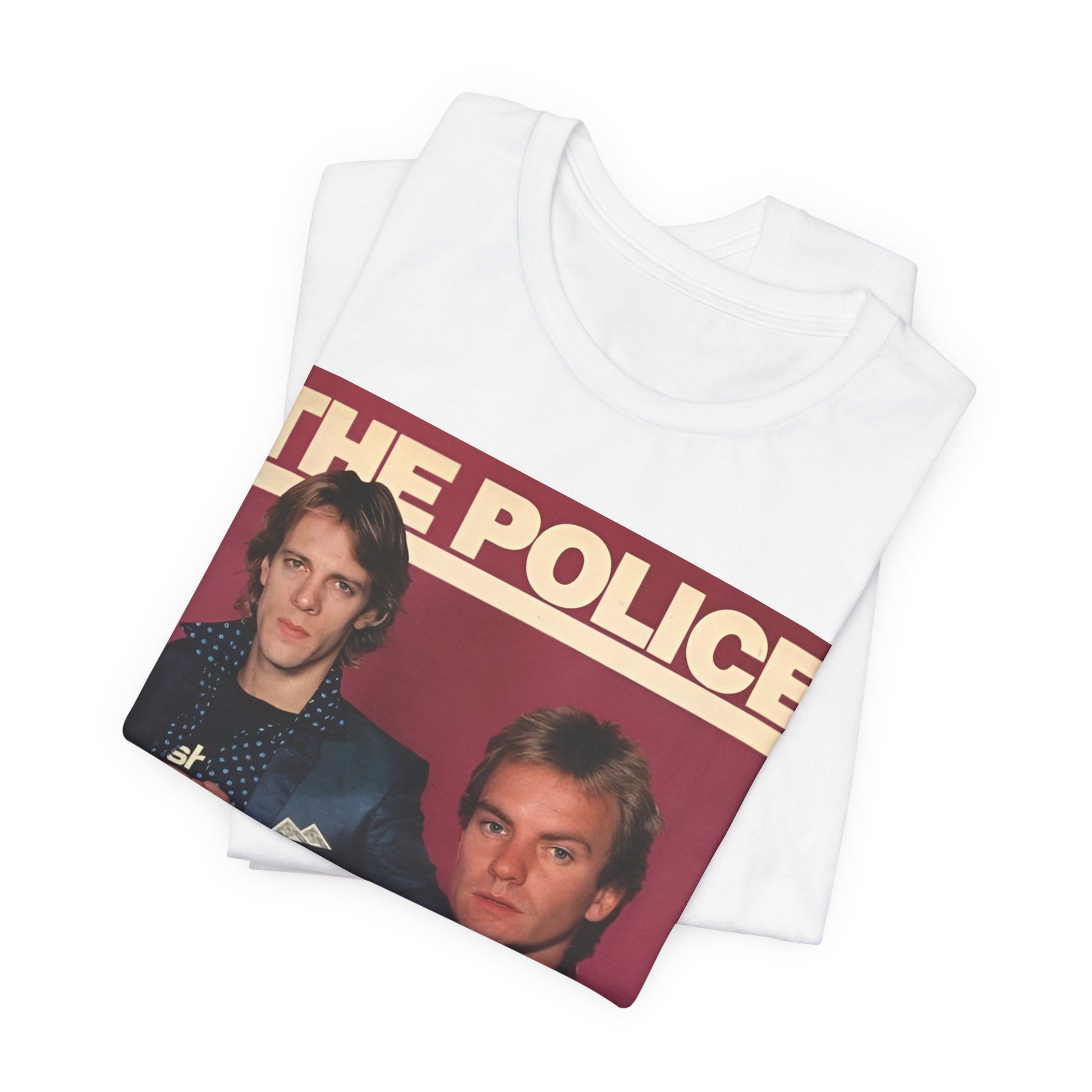 A black graphic t-shirt featuring a minimalist graphic of The Police as a power trio.