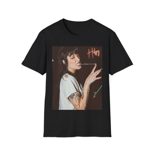 A black graphic t-shirt featuring a retro aesthetic pop graphic of Halsey.