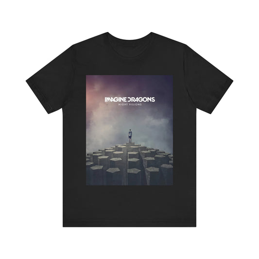 A black graphic t-shirt featuring a graphic related to Imagine Dragons' 'Night Visions' album.