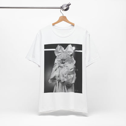 A black graphic t-shirt featuring a black and white, monochrome graphic or photo of Sia.