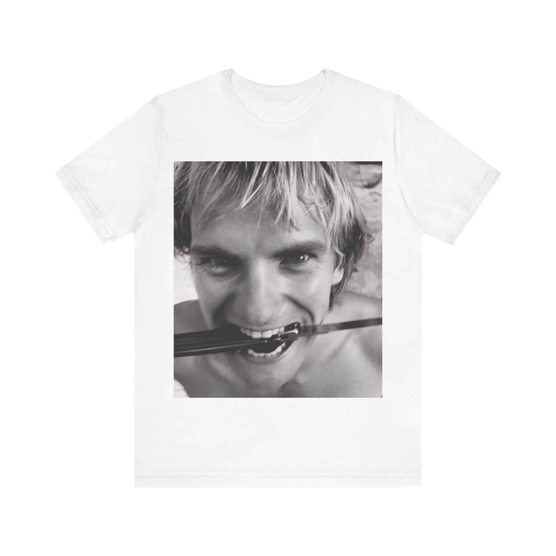 A black graphic t-shirt featuring a wild photo graphic of Sting.