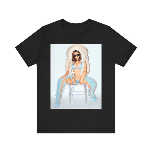 A black graphic t-shirt featuring a glamorous photo portrait of Cardi B.