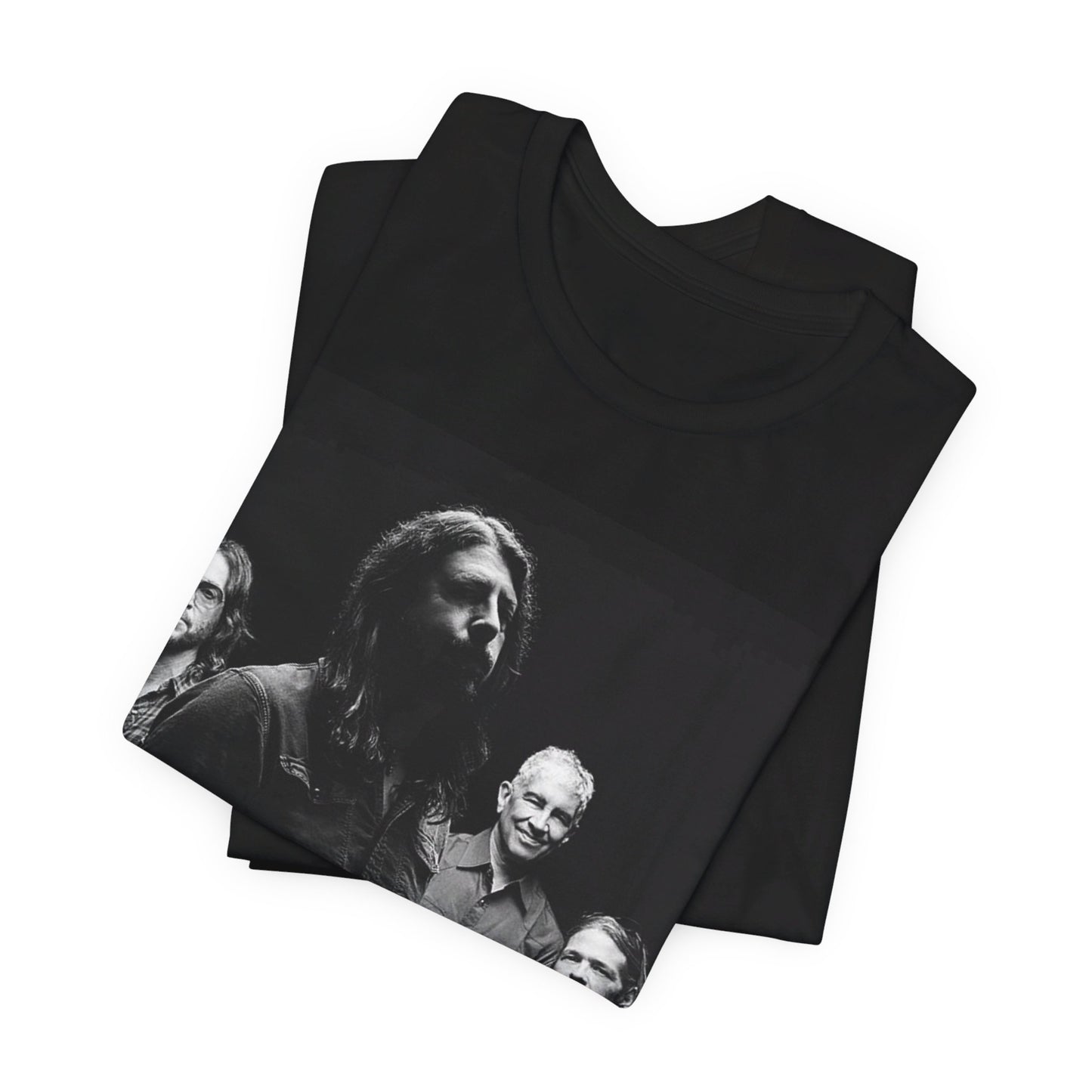 A black graphic t-shirt featuring a black and white, monochrome graphic or photo of Foo Fighters.