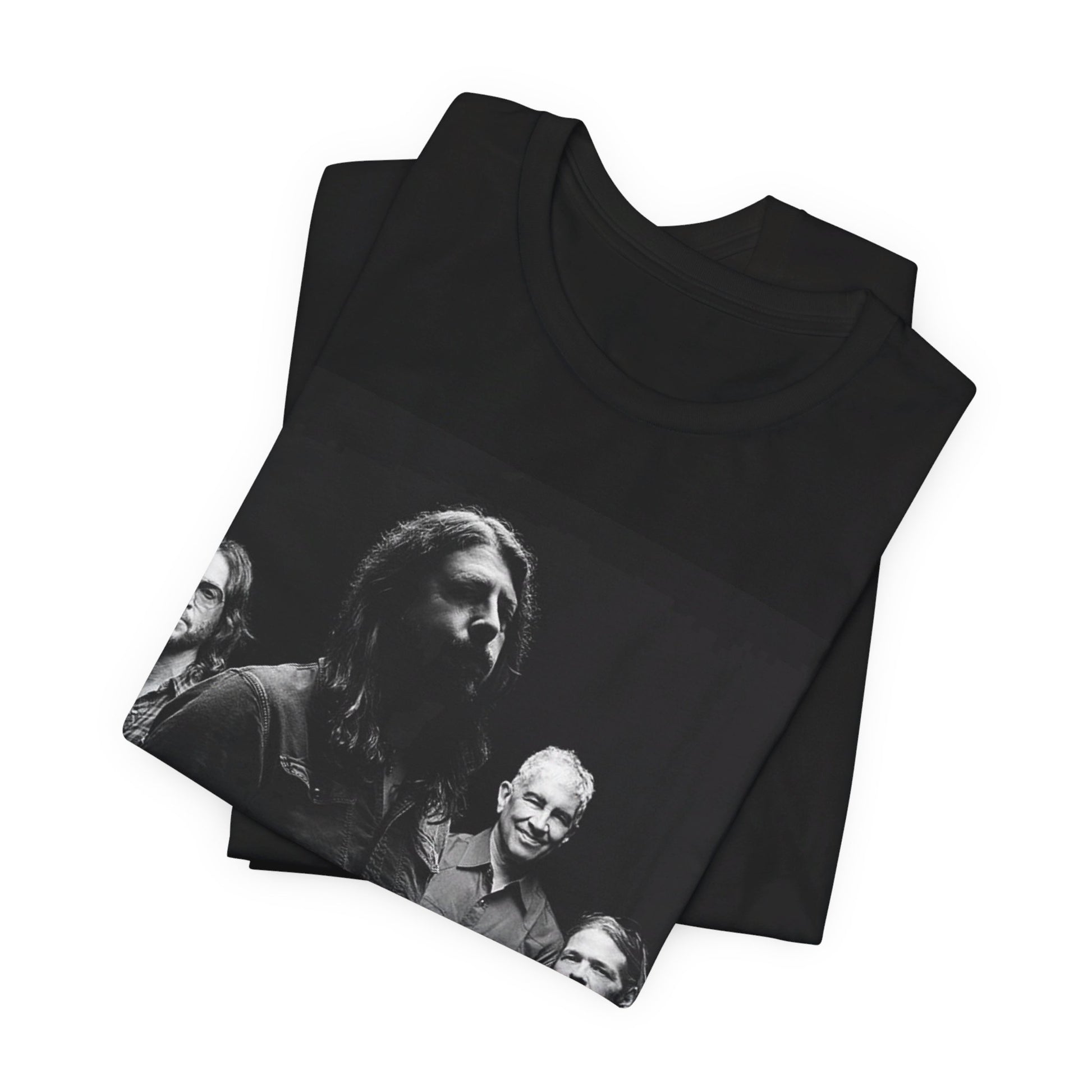 A black graphic t-shirt featuring a black and white, monochrome graphic or photo of Foo Fighters.