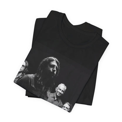 A black graphic t-shirt featuring a black and white, monochrome graphic or photo of Foo Fighters.