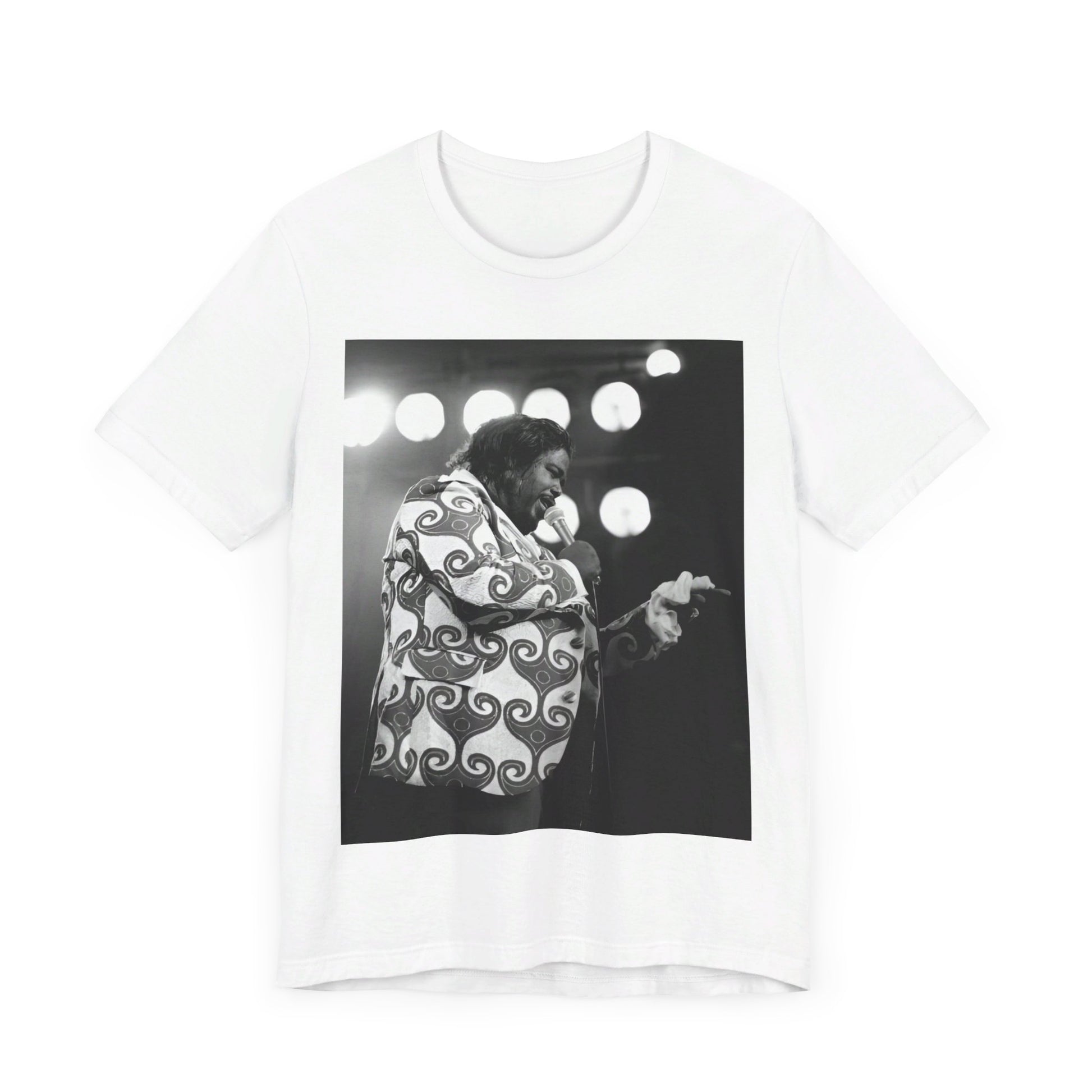 A black graphic t-shirt featuring a graphic or photo of Barry White performing live on stage in the 1970s.