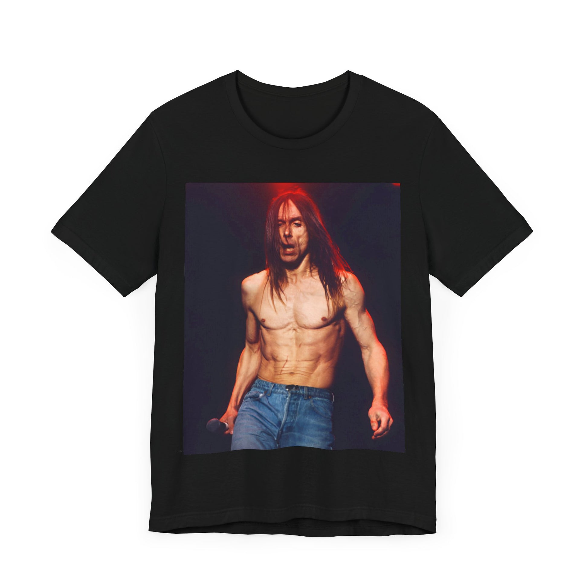 A black graphic t-shirt featuring a graphic related to Iggy Pop's 'Raw Power' era.