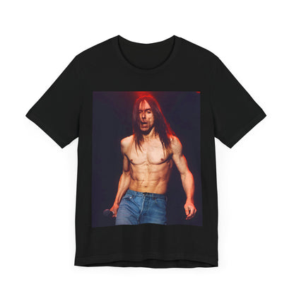 A black graphic t-shirt featuring a graphic related to Iggy Pop's 'Raw Power' era.