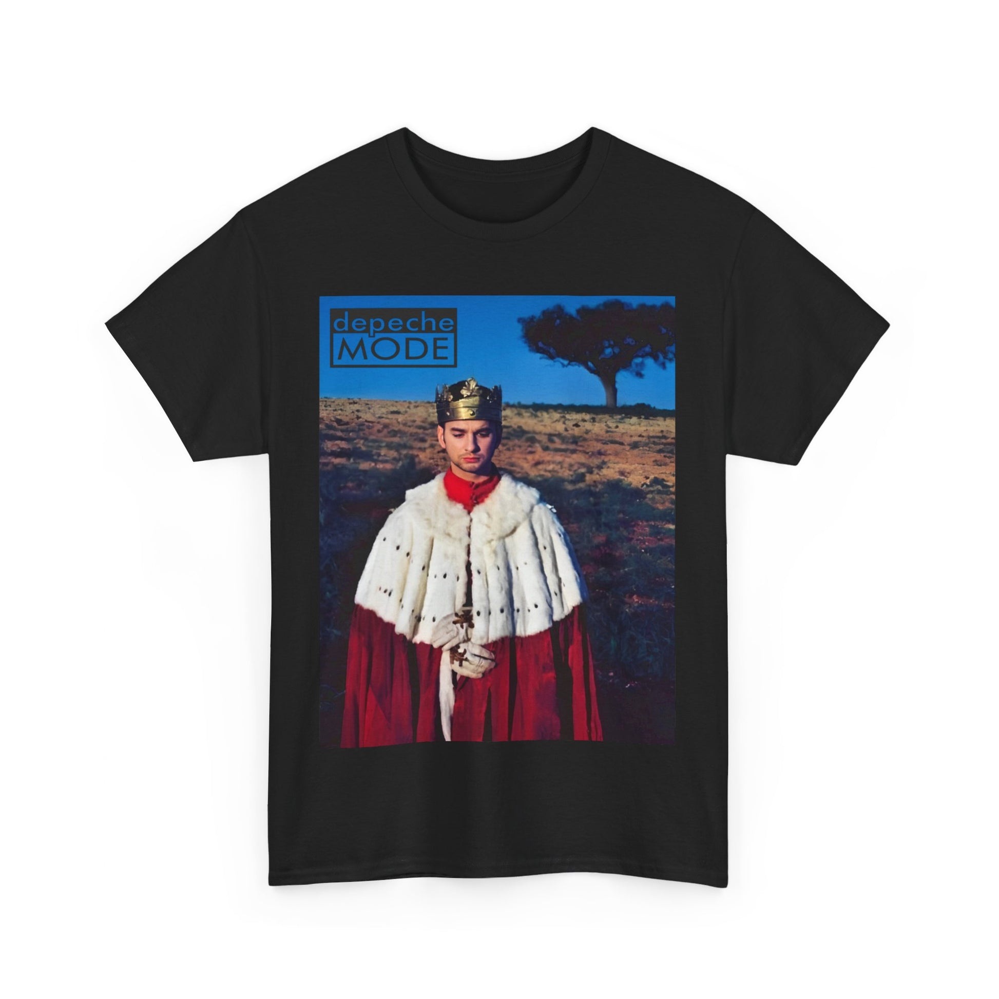 A black graphic t-shirt featuring a retro graphic related to Depeche Mode's 'Enjoy The Silence' from 1990.