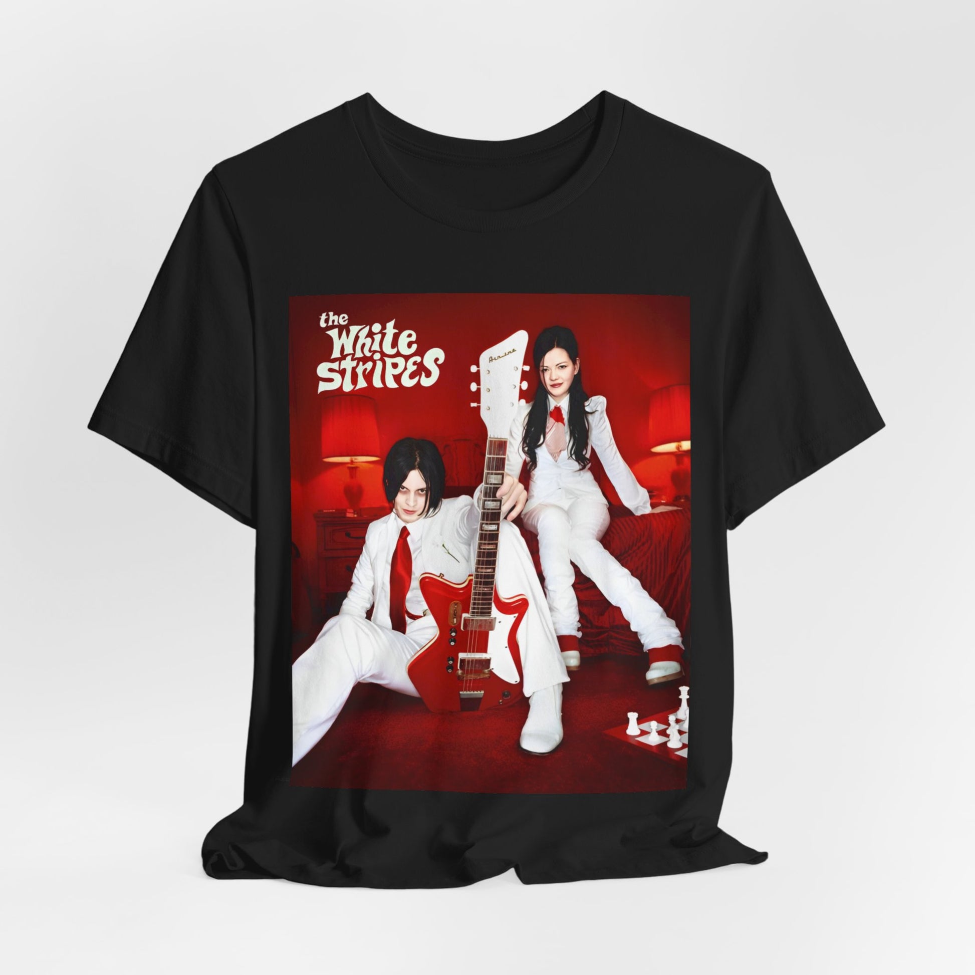 A black graphic t-shirt featuring a graphic related to The White Stripes' 'Seven Nation Army' song or era.