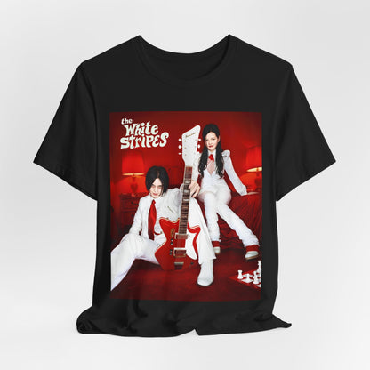 A black graphic t-shirt featuring a graphic related to The White Stripes' 'Seven Nation Army' song or era.
