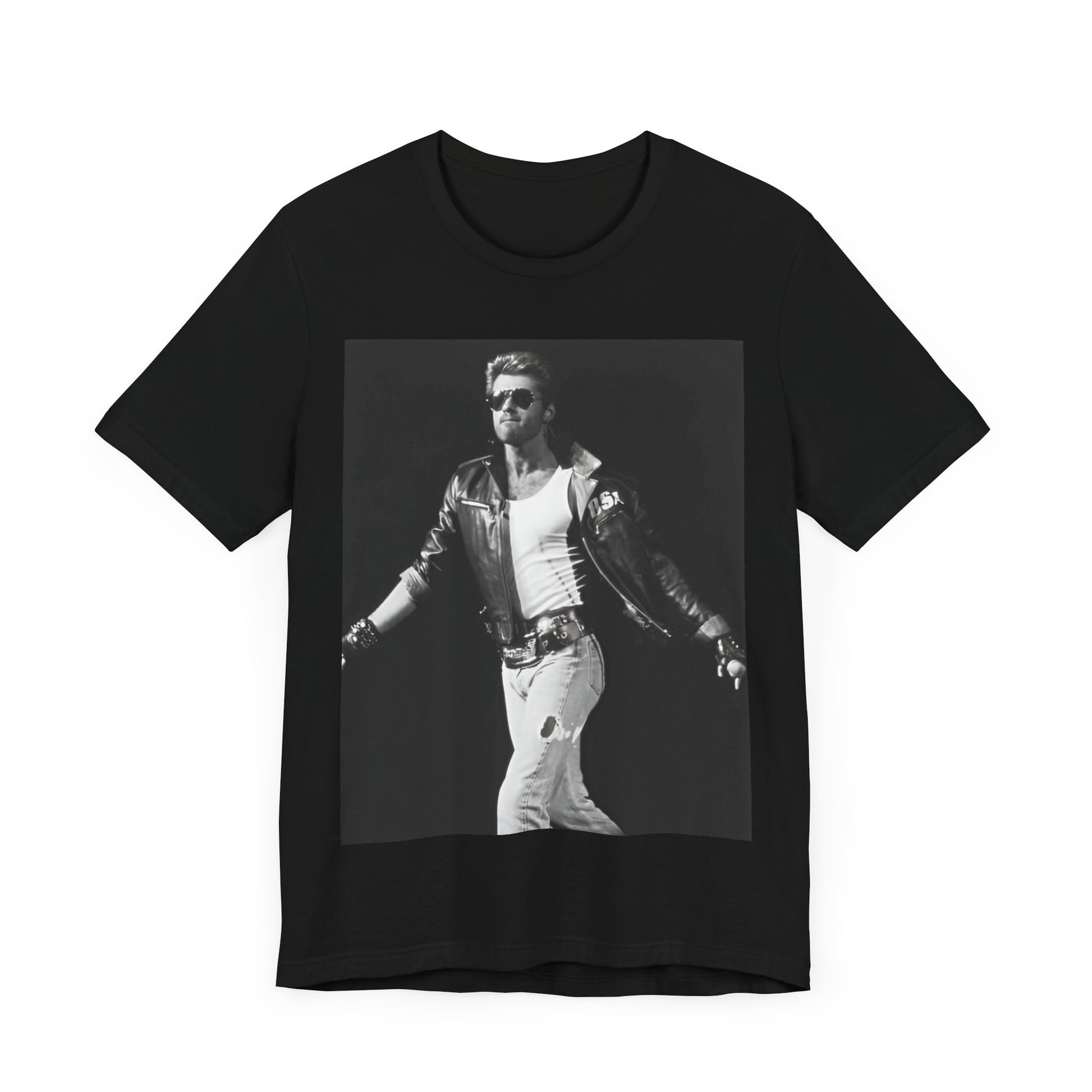 A black graphic t-shirt featuring a retro black and white monochrome graphic or photo of George Michael.