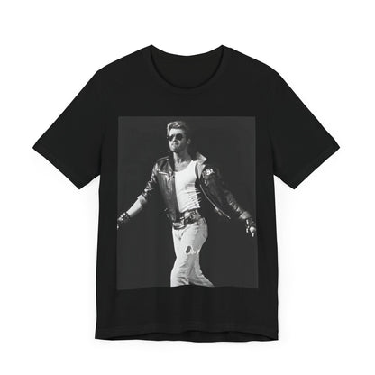 A black graphic t-shirt featuring a retro black and white monochrome graphic or photo of George Michael.