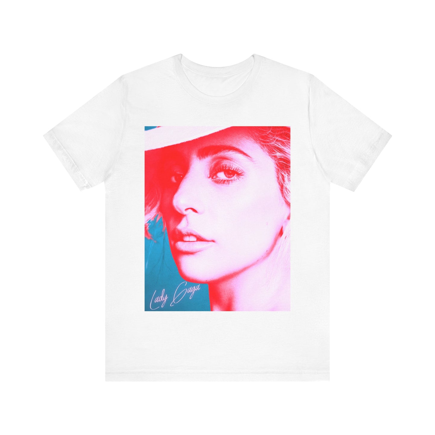 A black graphic t-shirt featuring a graphic related to Lady Gaga's 'Poker Face' song or era.