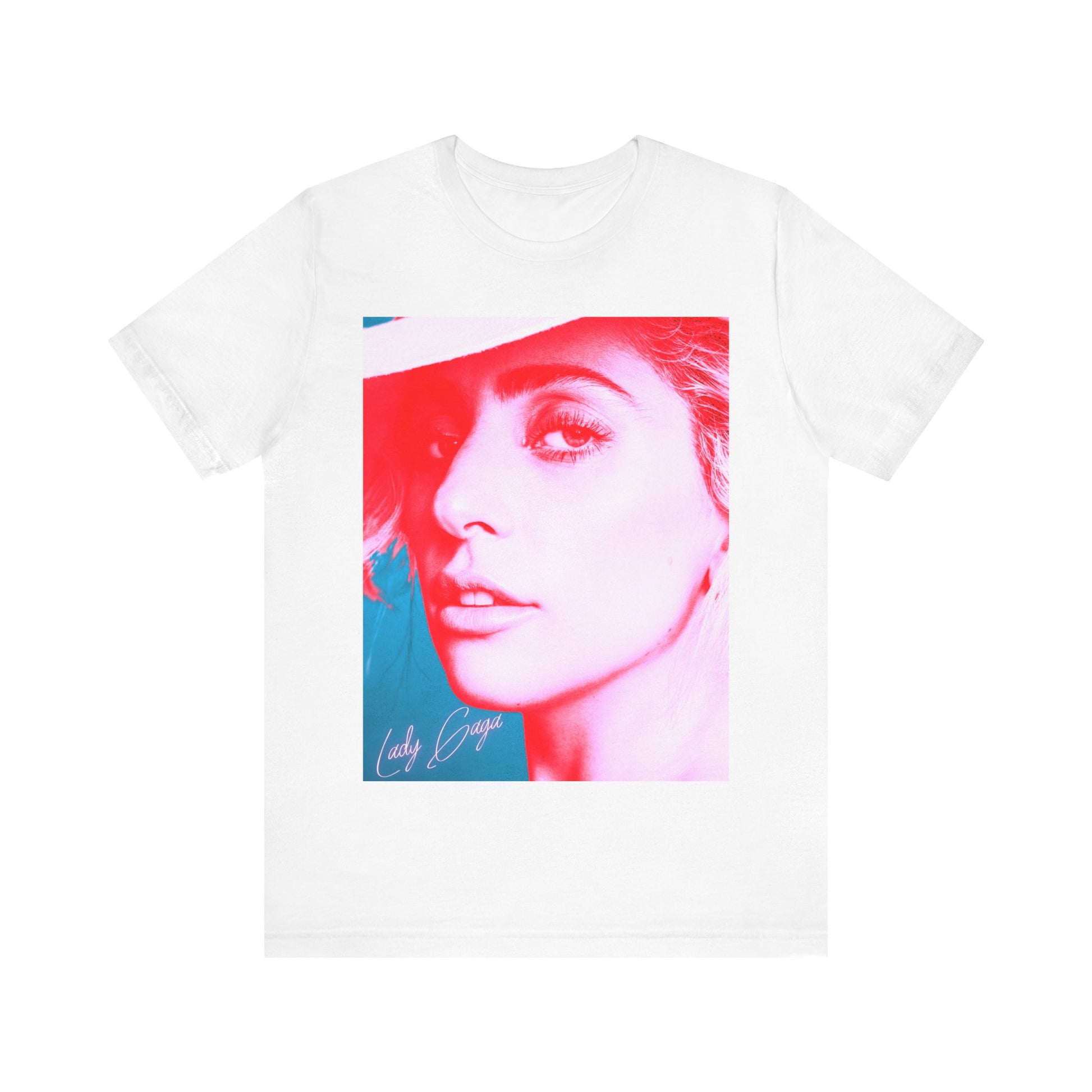 A black graphic t-shirt featuring a graphic related to Lady Gaga's 'Poker Face' song or era.