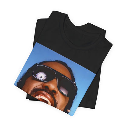A black graphic t-shirt featuring a bold soul superstar graphic of Stevie Wonder.