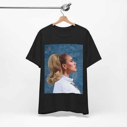 A black graphic t-shirt featuring a black and white photo of Adele in a vintage glamorous look, with classic hair and makeup.