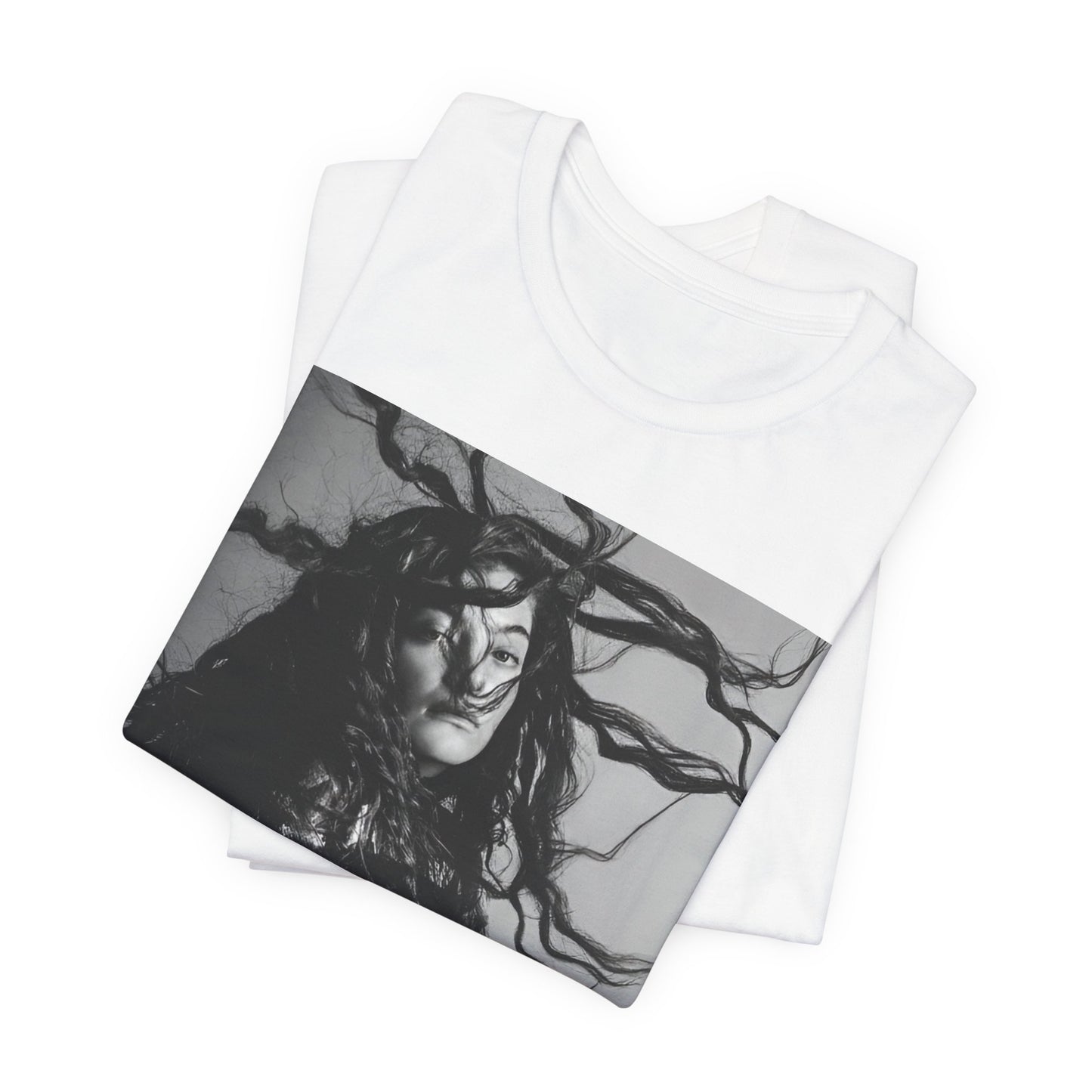 A black graphic t-shirt featuring a black and white retro photo or graphic of Lorde.