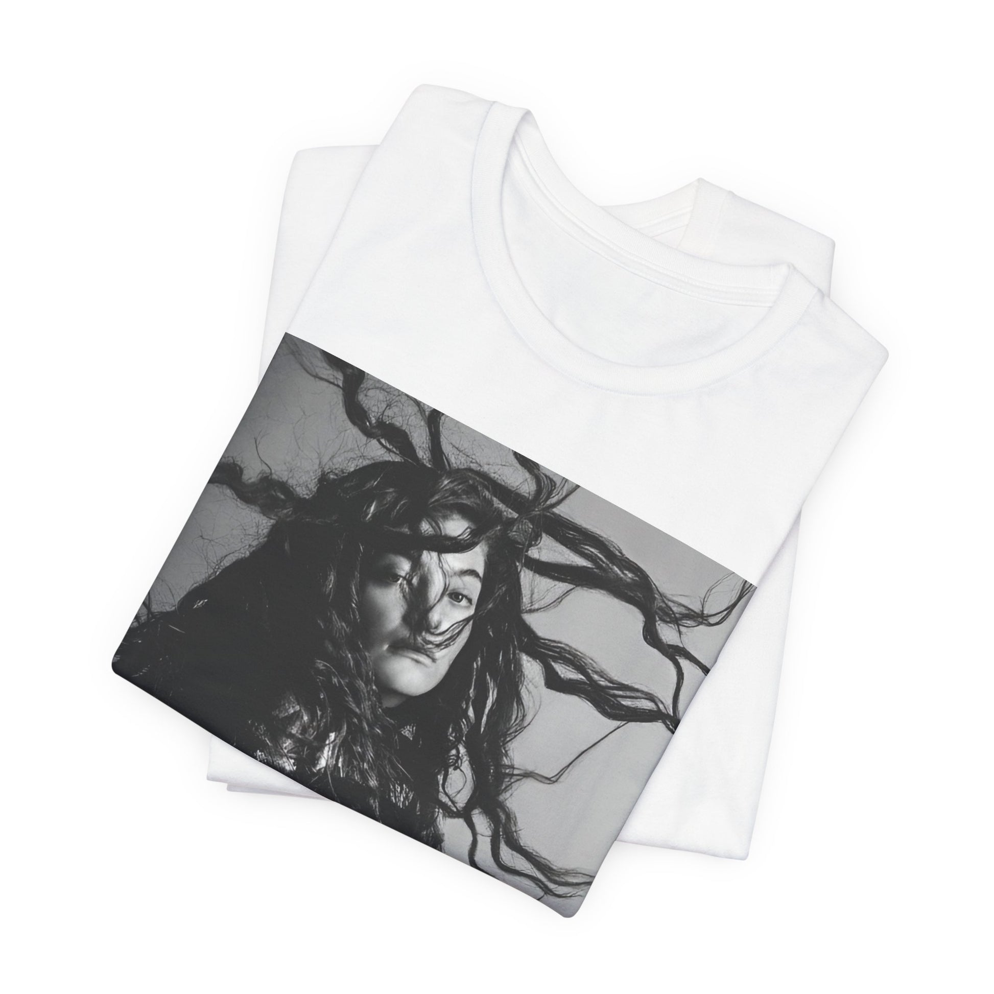 A black graphic t-shirt featuring a black and white retro photo or graphic of Lorde.