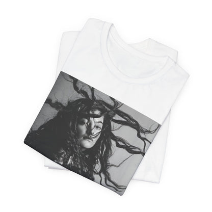 A black graphic t-shirt featuring a black and white retro photo or graphic of Lorde.