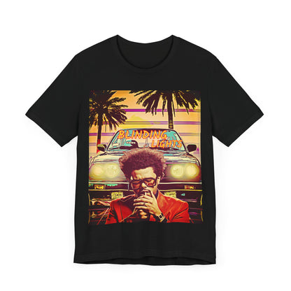 A black graphic t-shirt featuring a graphic related to The Weeknd's 'Blinding Lights' song.