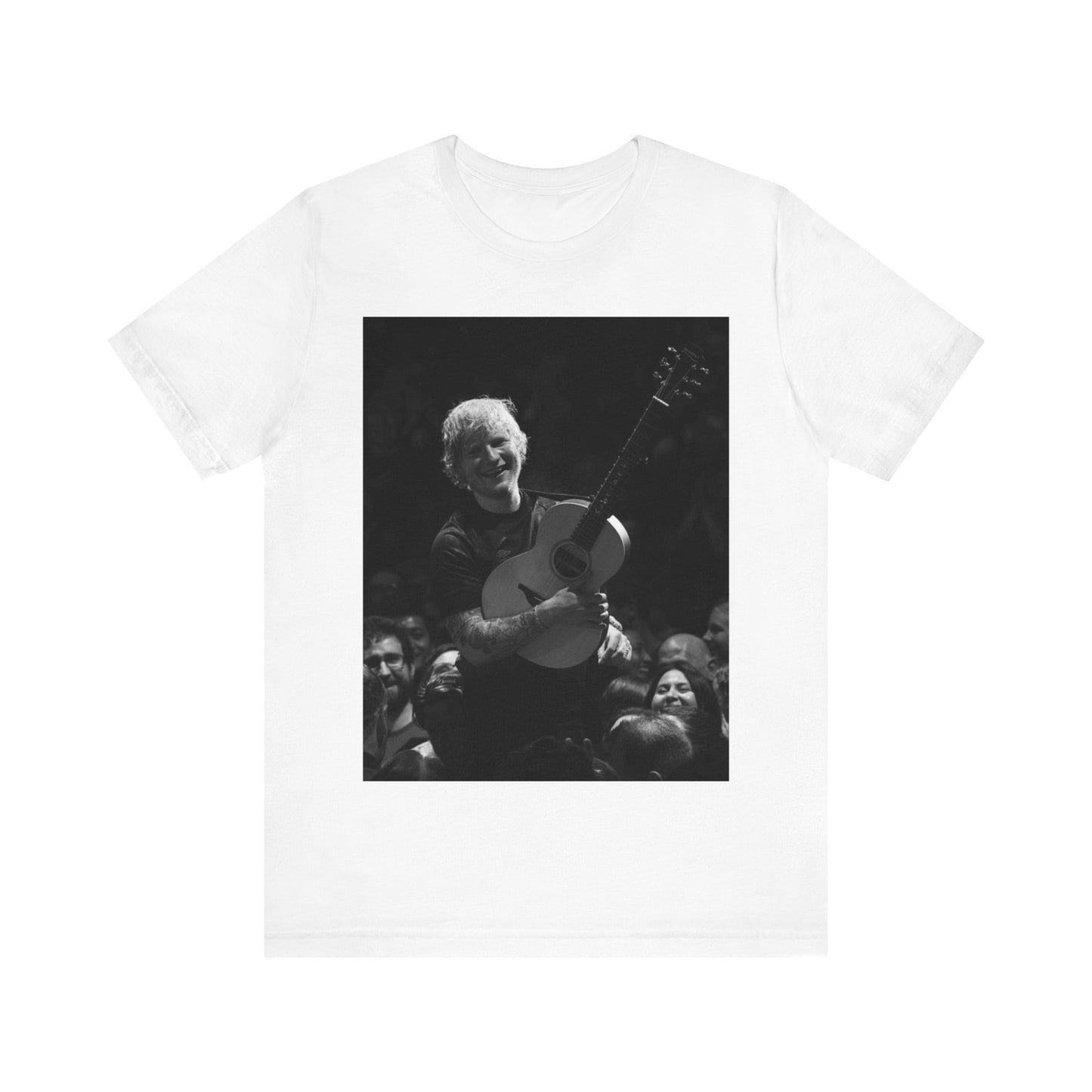 A black graphic t-shirt featuring a photo of Ed Sheeran performing live with his guitar.