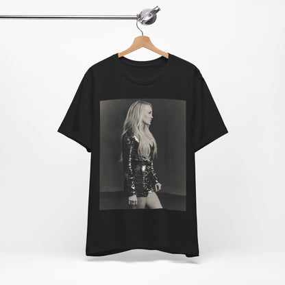 A black graphic t-shirt featuring a black and white photo of Carrie Underwood performing live on stage.