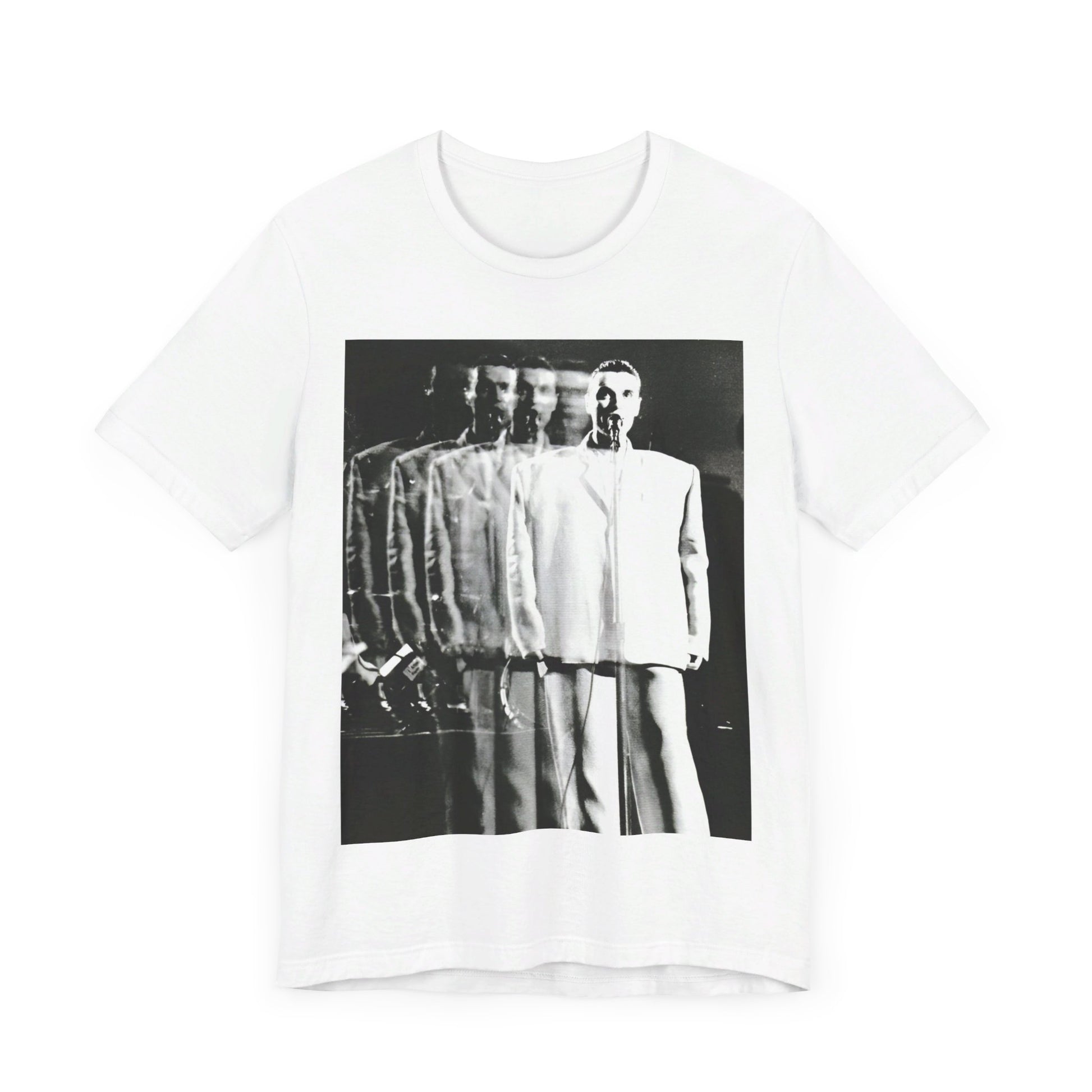 A black graphic t-shirt featuring a graphic of David Byrne from Talking Heads in his iconic 'big suit'.