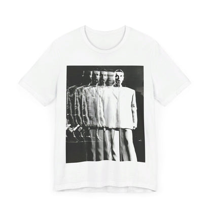 A black graphic t-shirt featuring a graphic of David Byrne from Talking Heads in his iconic 'big suit'.