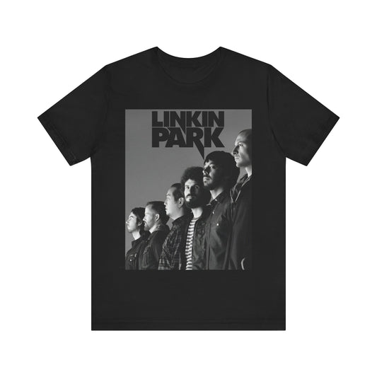 A black graphic t-shirt featuring a vintage nu-metal graphic of Linkin Park.
