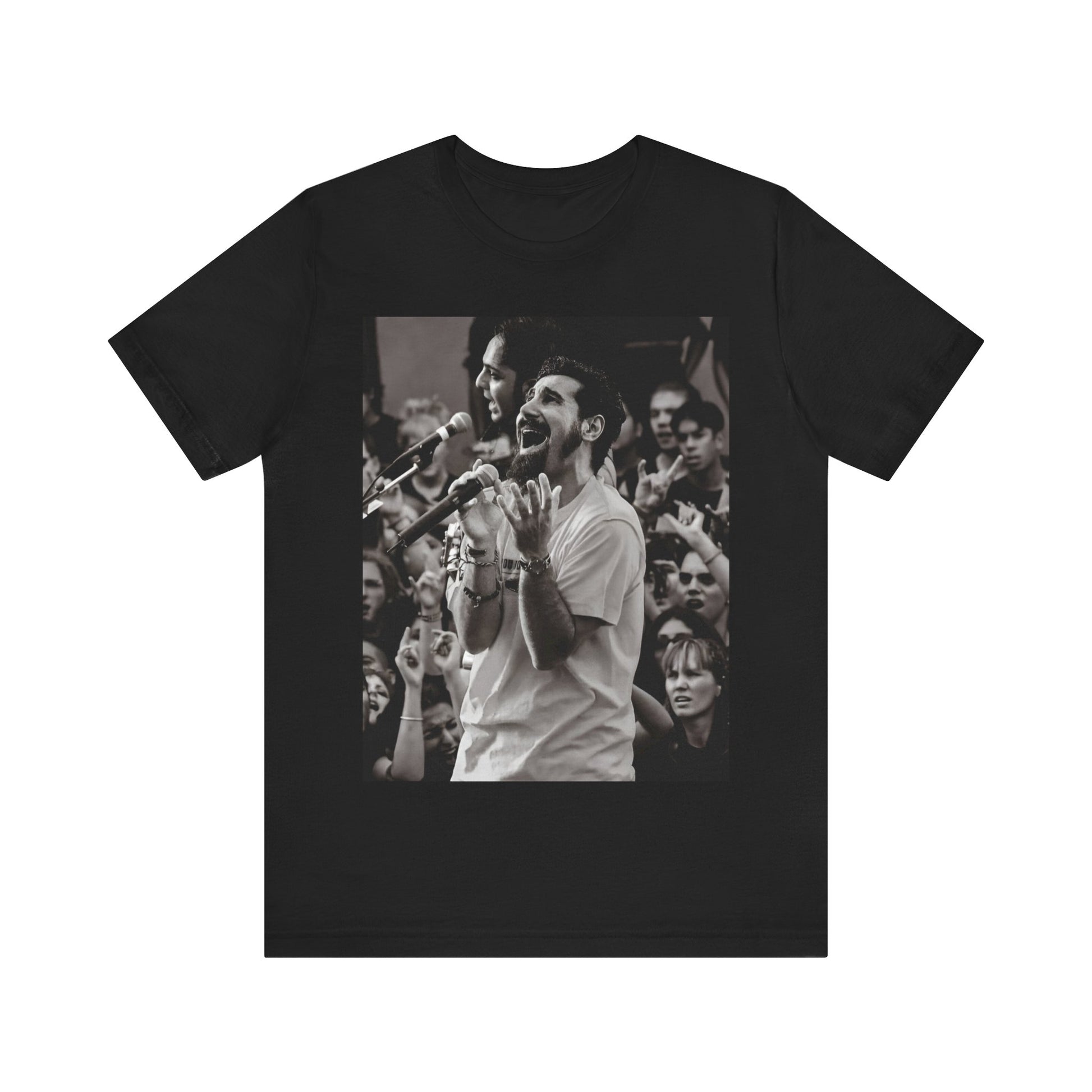 A black graphic t-shirt featuring a black and white portrait photo of Serj Tankian from System of a Down.