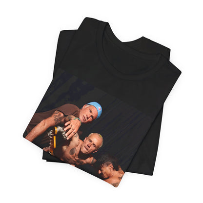 A black graphic t-shirt featuring a psychedelic vibes graphic related to Red Hot Chili Peppers.
