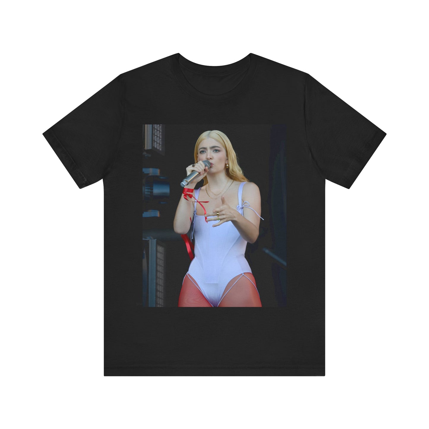 A black graphic t-shirt featuring a graphic or photo of Lorde performing on stage in a cool alternative music style.