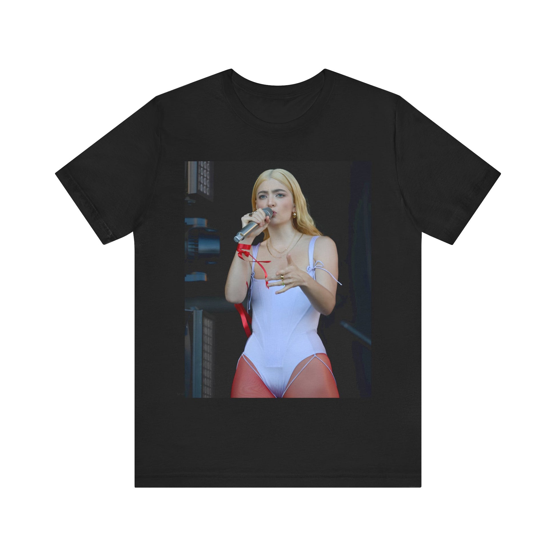 A black graphic t-shirt featuring a graphic or photo of Lorde performing on stage in a cool alternative music style.