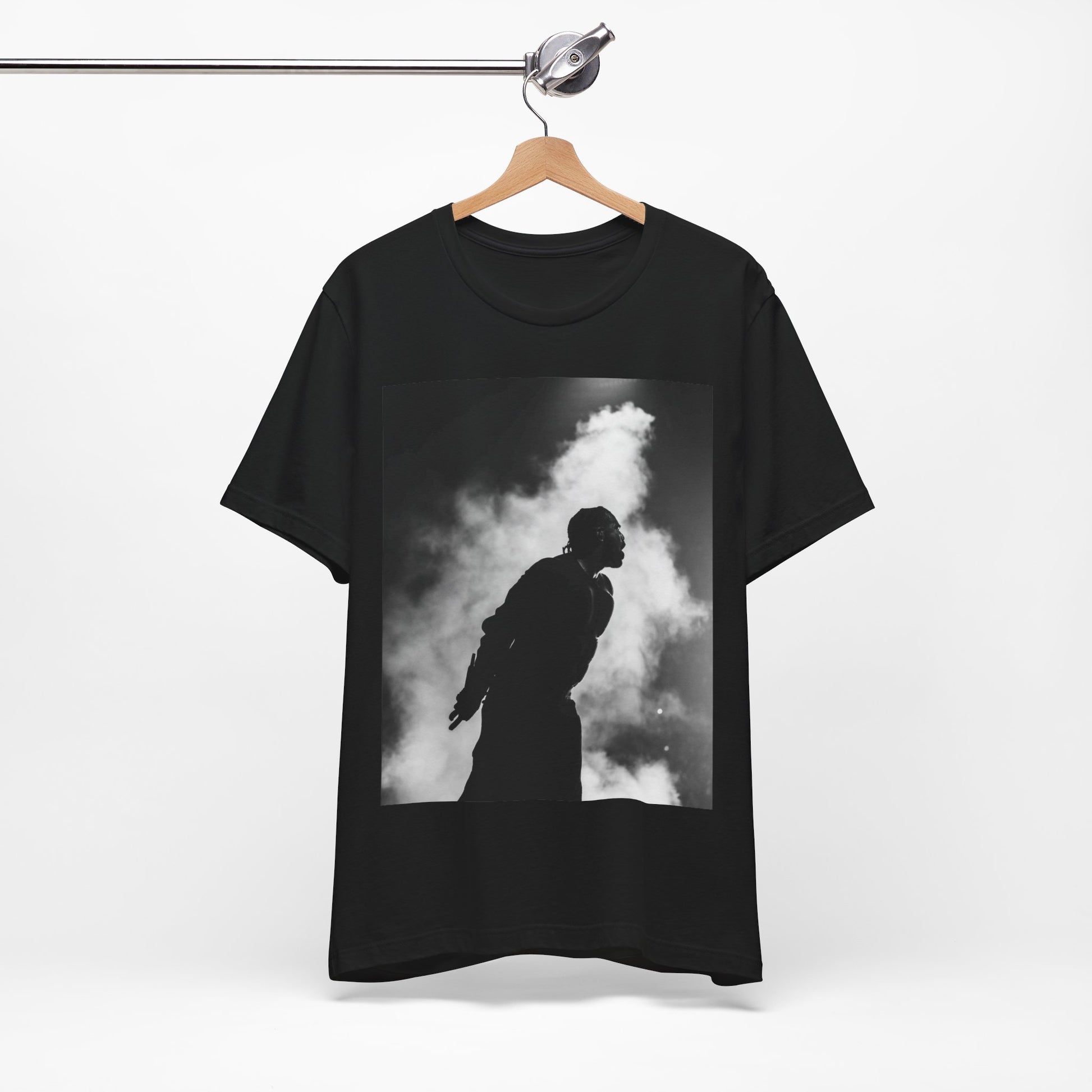 A black graphic t-shirt featuring a timeless black and white graphic or photo portrait of Drake.