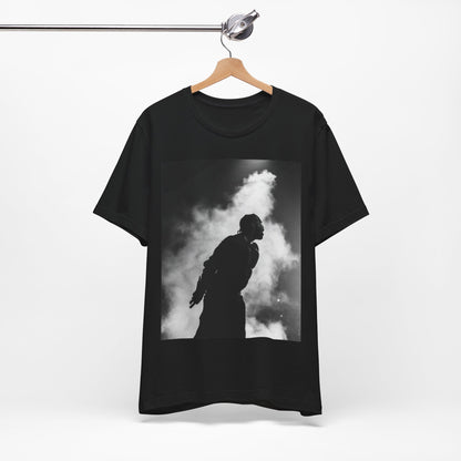 A black graphic t-shirt featuring a timeless black and white graphic or photo portrait of Drake.