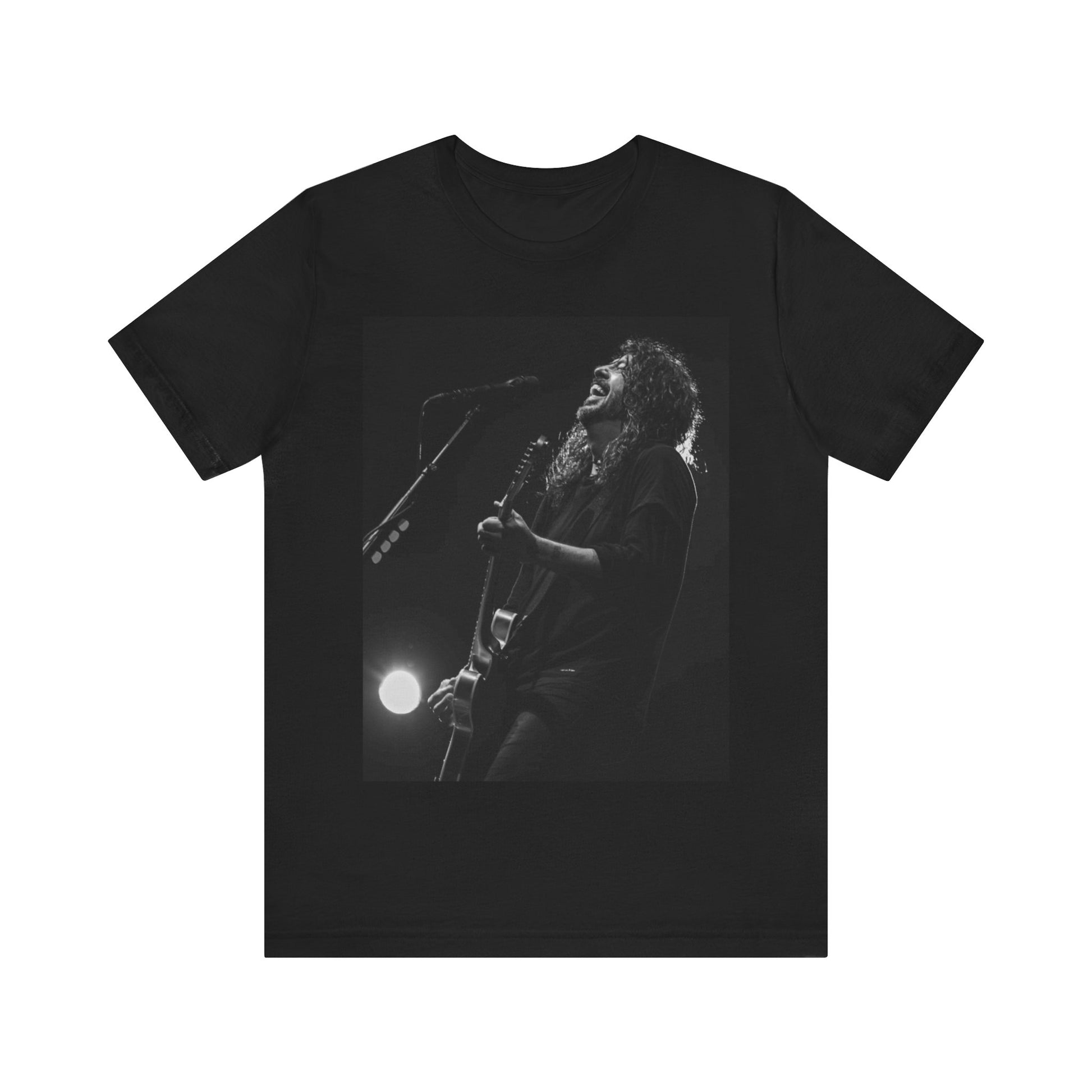 A black graphic t-shirt featuring a graphic of Dave Grohl from Foo Fighters as a rock legend.