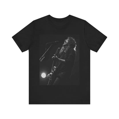 A black graphic t-shirt featuring a graphic of Dave Grohl from Foo Fighters as a rock legend.