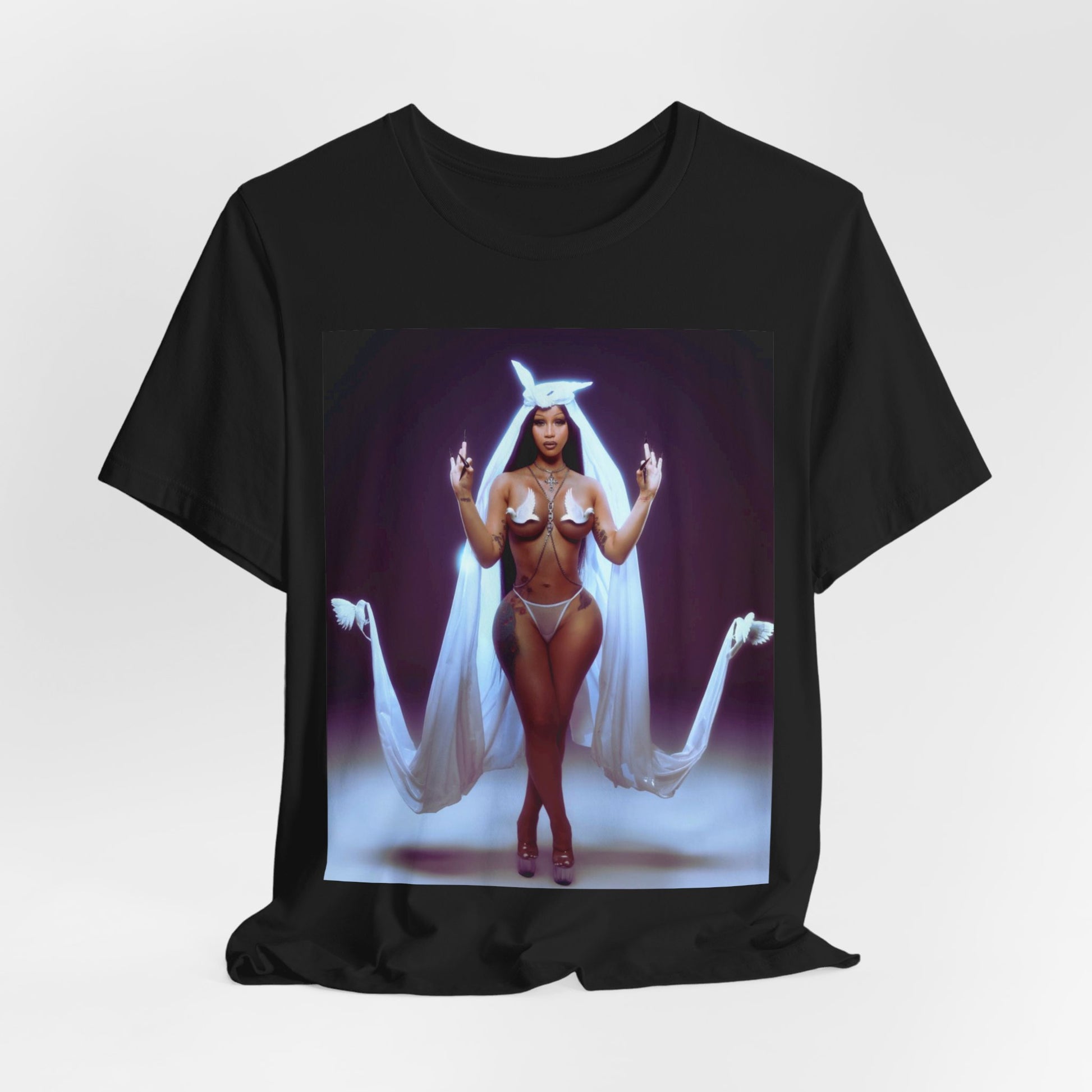 A black graphic t-shirt featuring a graphic of Cardi B with text like 'Enough Bronx' or related to her Bronx origins.