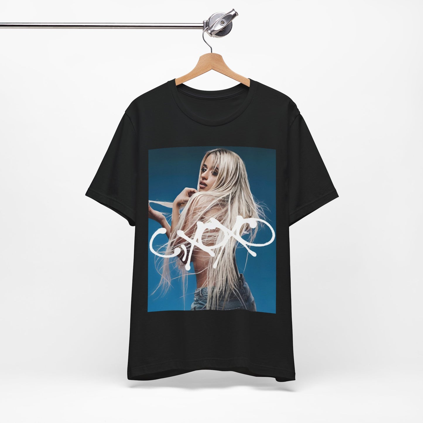 A black graphic t-shirt featuring a graphic related to Camila Cabello's C,XOXO album.