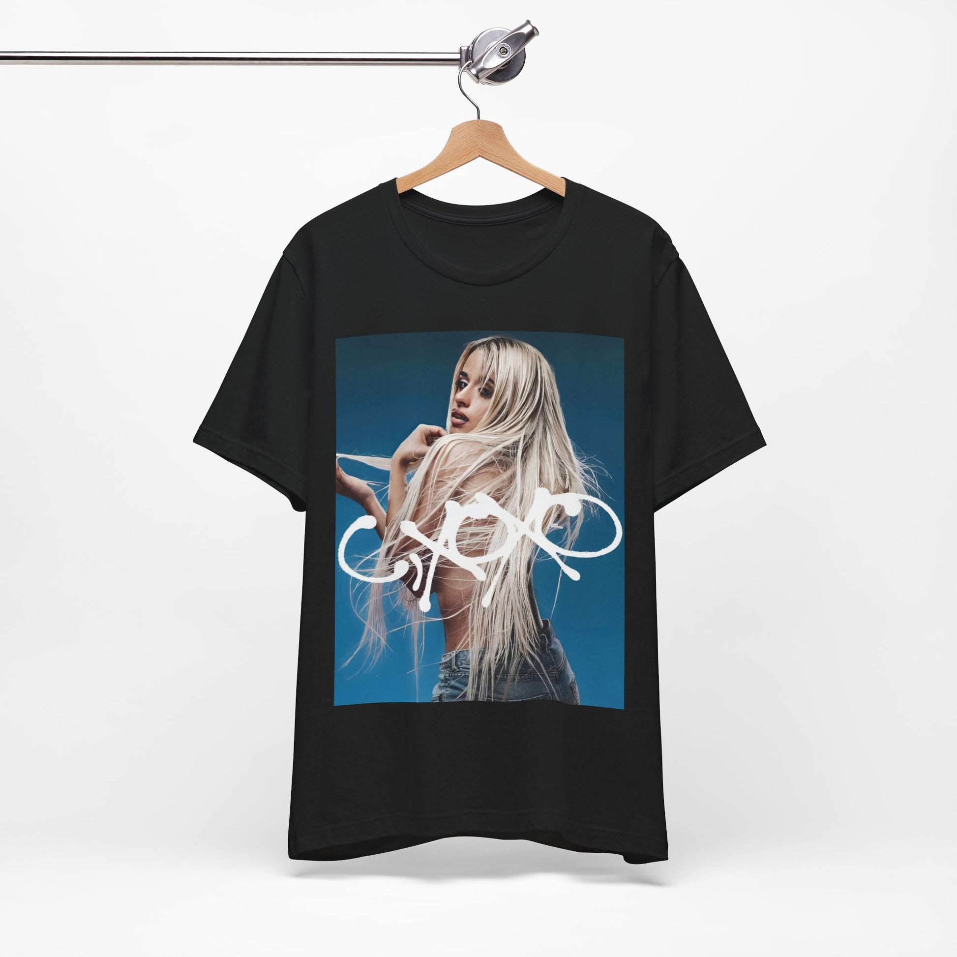 A black graphic t-shirt featuring a graphic related to Camila Cabello's C,XOXO album.