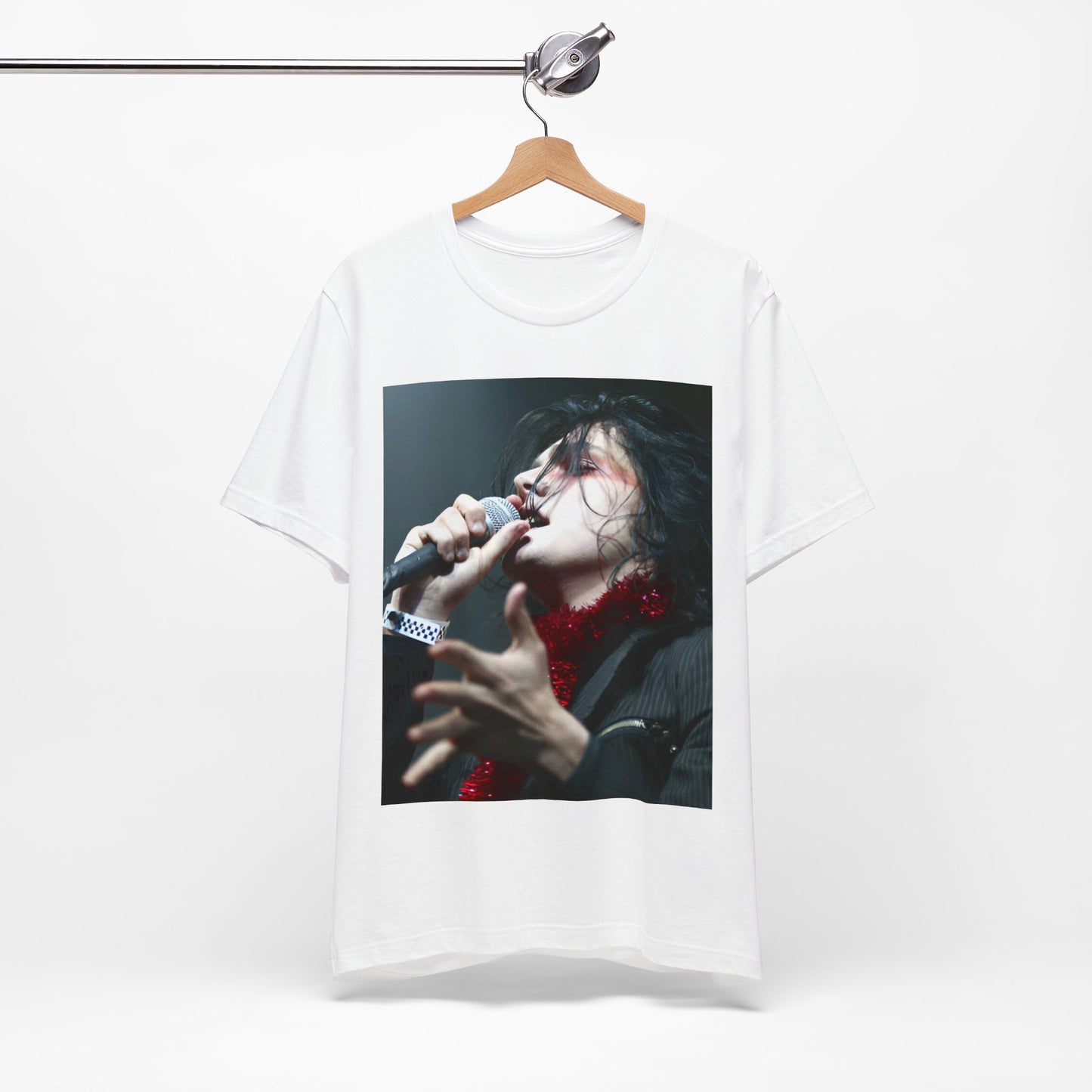 A black graphic t-shirt featuring an emo graphic of Gerard Way from My Chemical Romance.