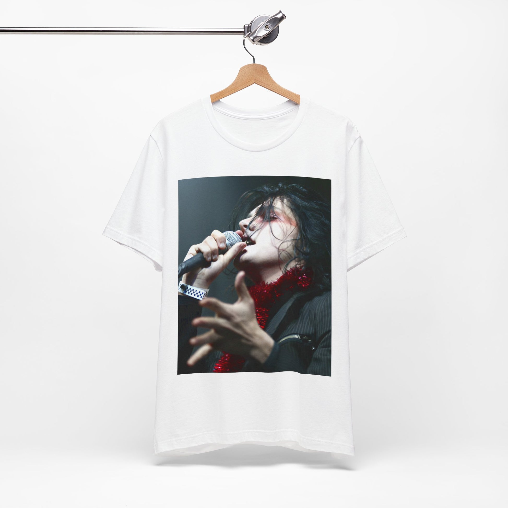 A black graphic t-shirt featuring an emo graphic of Gerard Way from My Chemical Romance.