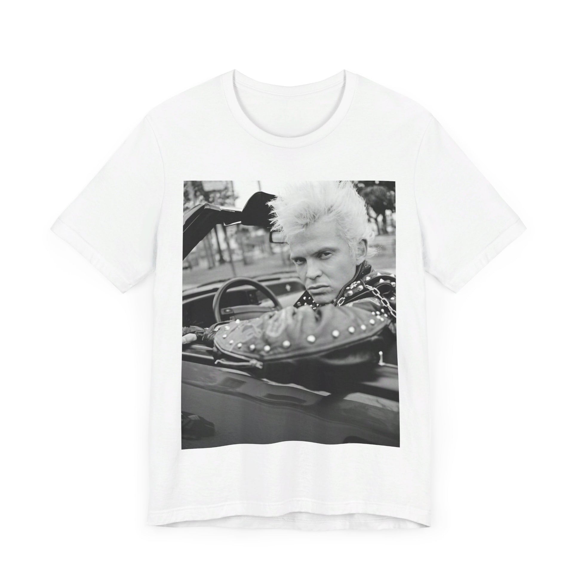 A black graphic t-shirt featuring a graphic of Billy Idol in a classic 80s punk rock pose.