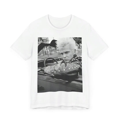 A black graphic t-shirt featuring a graphic of Billy Idol in a classic 80s punk rock pose.