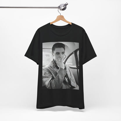 A black graphic t-shirt featuring a classic 50s era graphic of Elvis Presley.