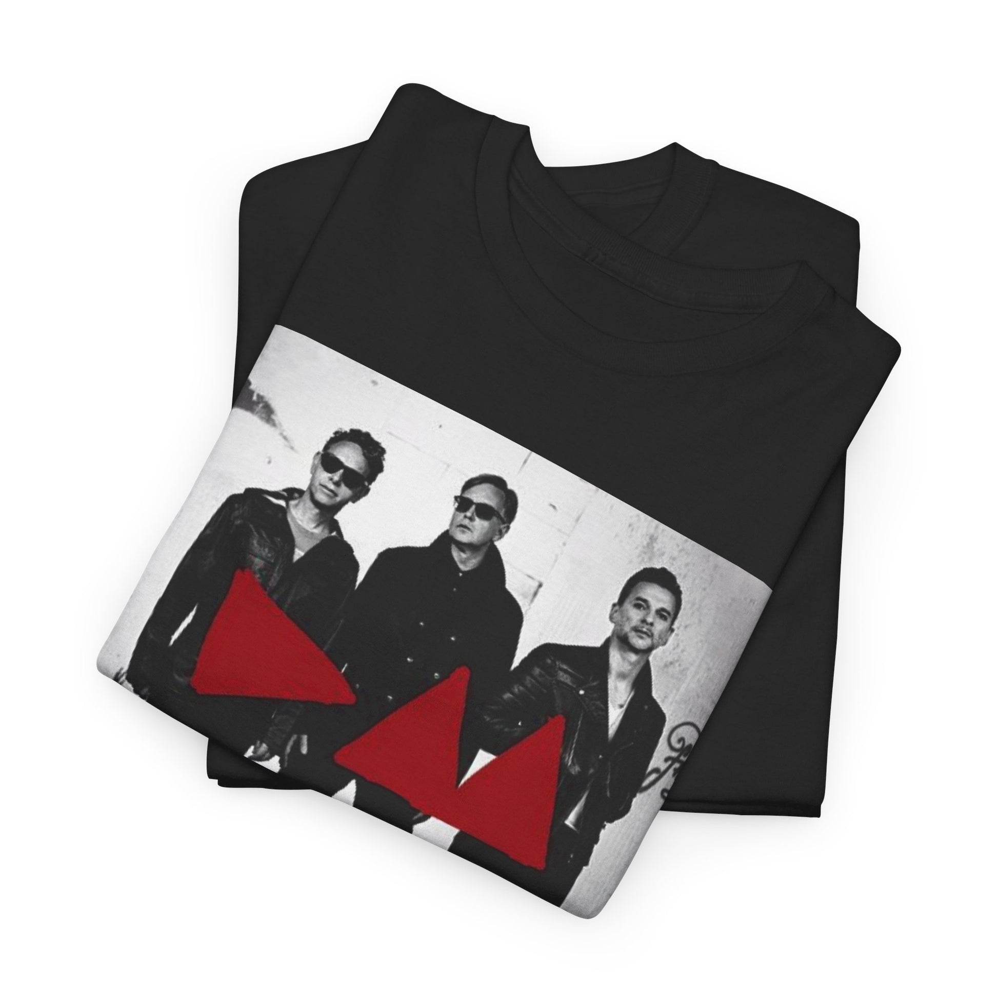 A black graphic t-shirt featuring a photo portrait of the synth-pop band Depeche Mode.