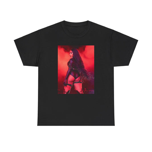 A black graphic t-shirt featuring a retro graphic related to Megan Thee Stallion's 'Savage' song or era.